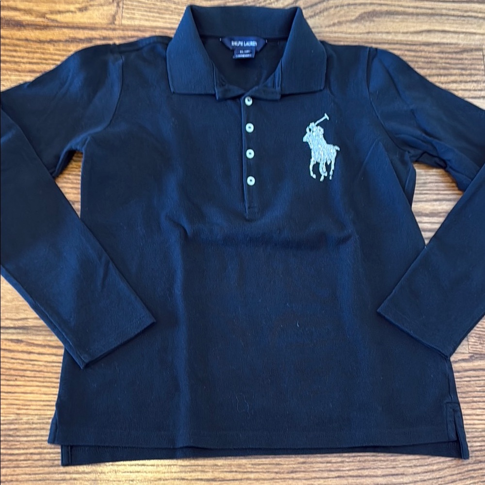 Ralph Lauren Kids Girls Black long Sleeve Polo Shirt Beaded Pony Sz XL worn 1x